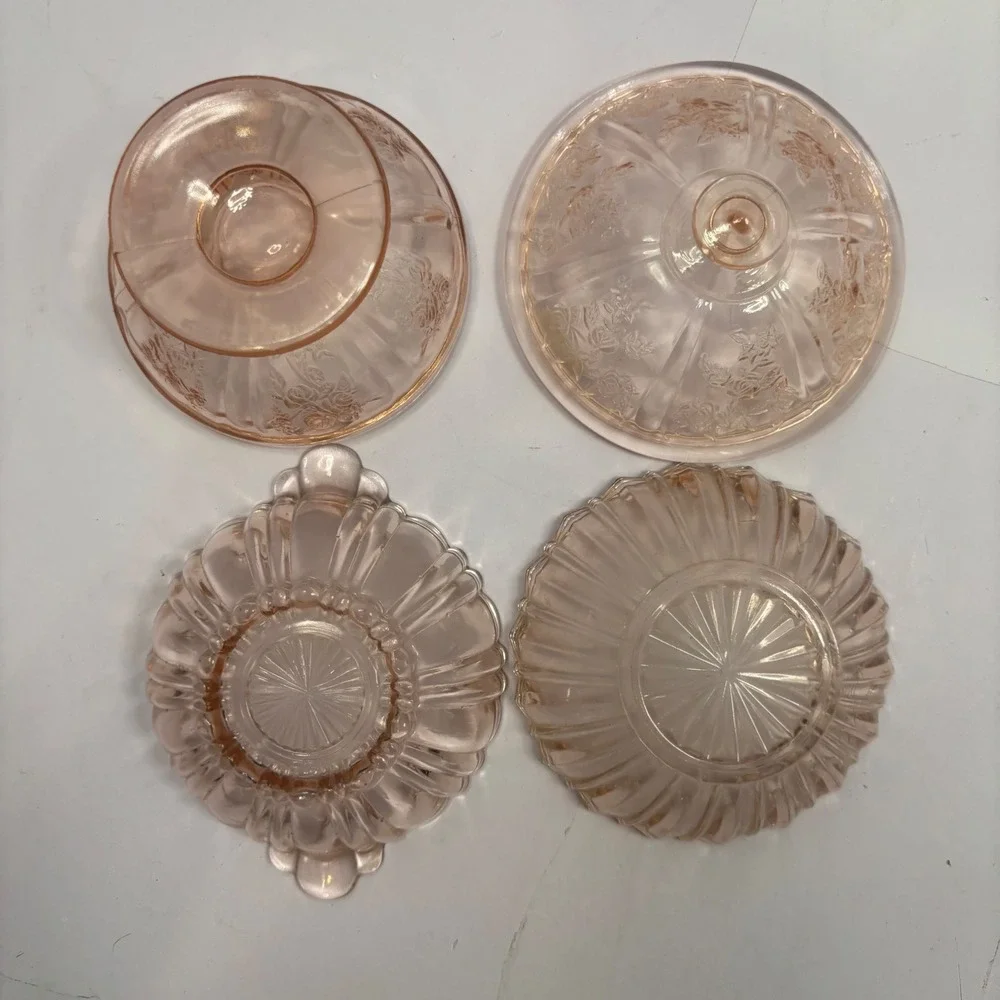 Vintage Pink Depression Glass Set Rose Candy Dish Ribbed Bowls 3 Piece Set